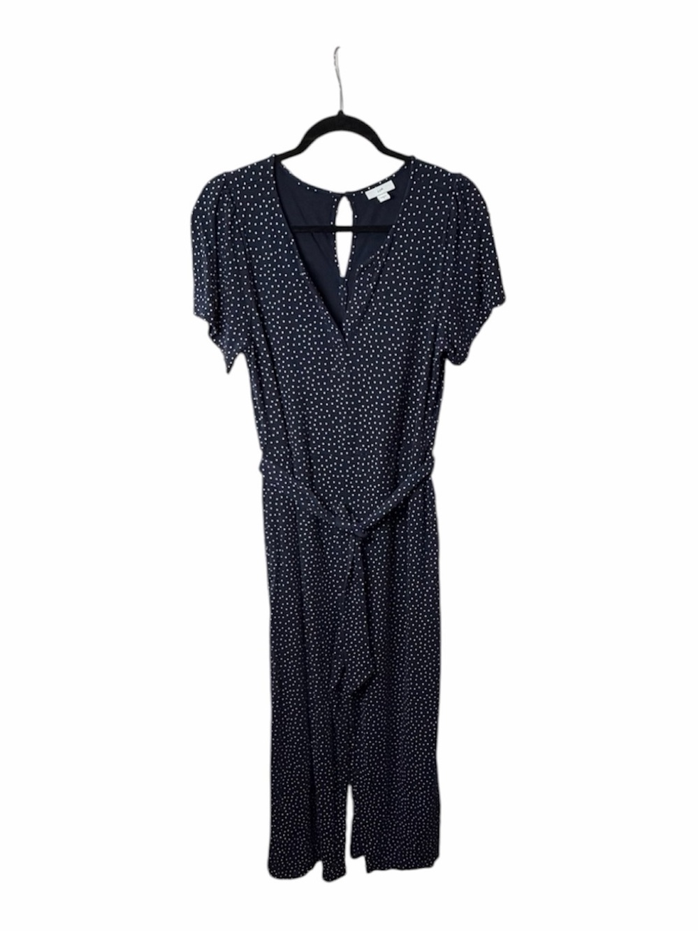 J. Jill Navy Polka Dot V‑Neck Jumpsuit. Short Sleeves. Size M.